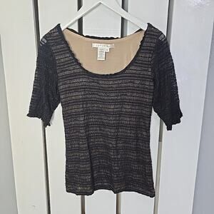 Studio M Fitted Sheer Mesh Sheer Black Beige Scoop Neck Shirt XL‎ Y2K Whimsigoth